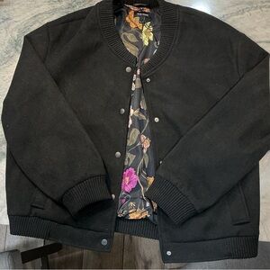 Well Worn Black Bomber Jacket with Floral Interior